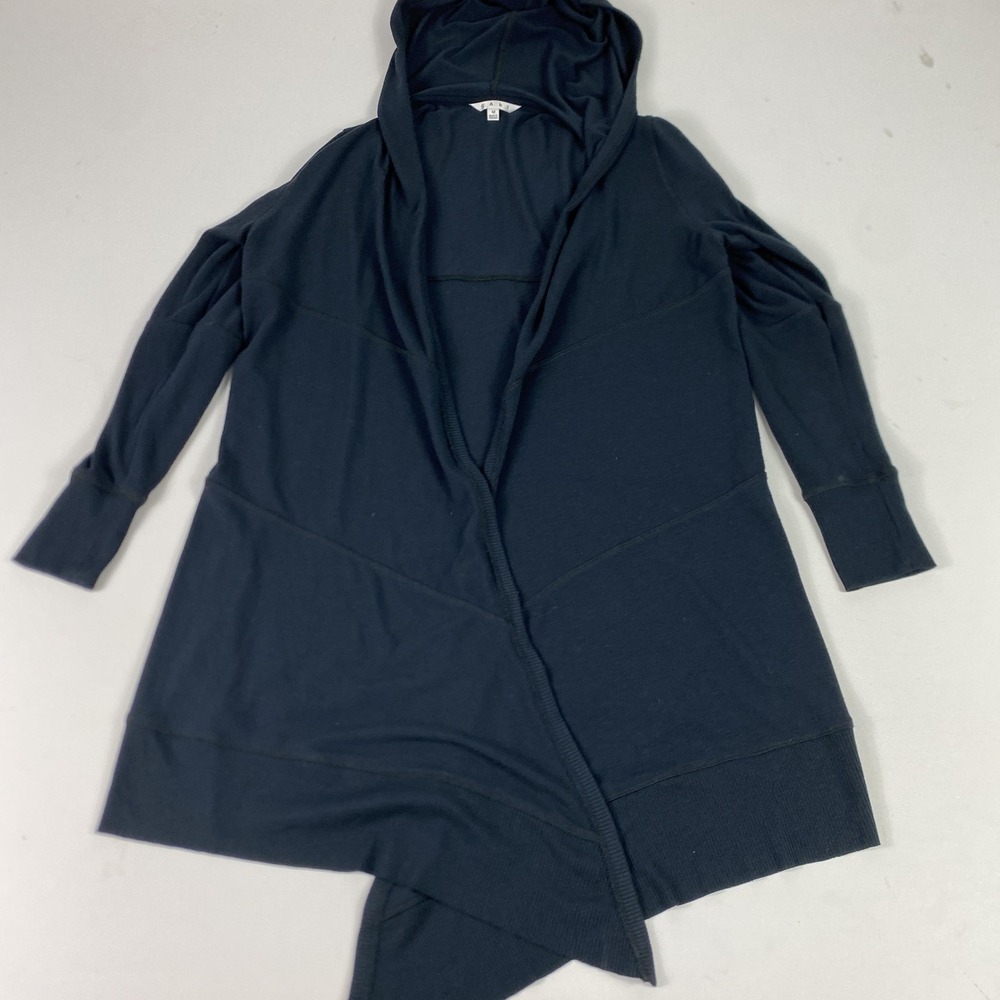 Cabi Cardigan Sweater Womens Medium‎ Black Hooded Open Front Long Knit Asym Hem